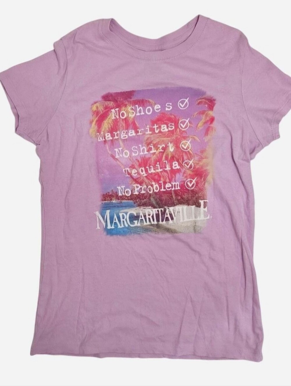 Purple Margaritaville graphic tee with palm trees & checklist design Size Medium